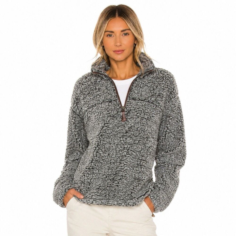 Alpine Sherpa Women Gray 1/4 Zip Pullover Jacket Sweater Faux Fur Fleece S